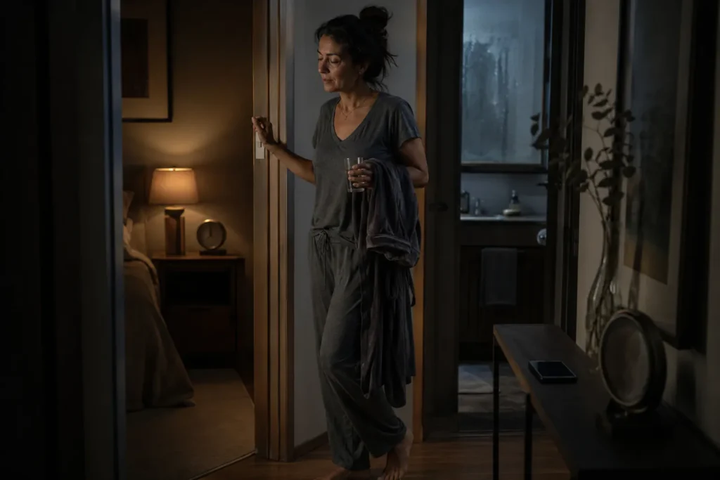 Mulher desacelerando à noite com uma rotina simples antes de dormir