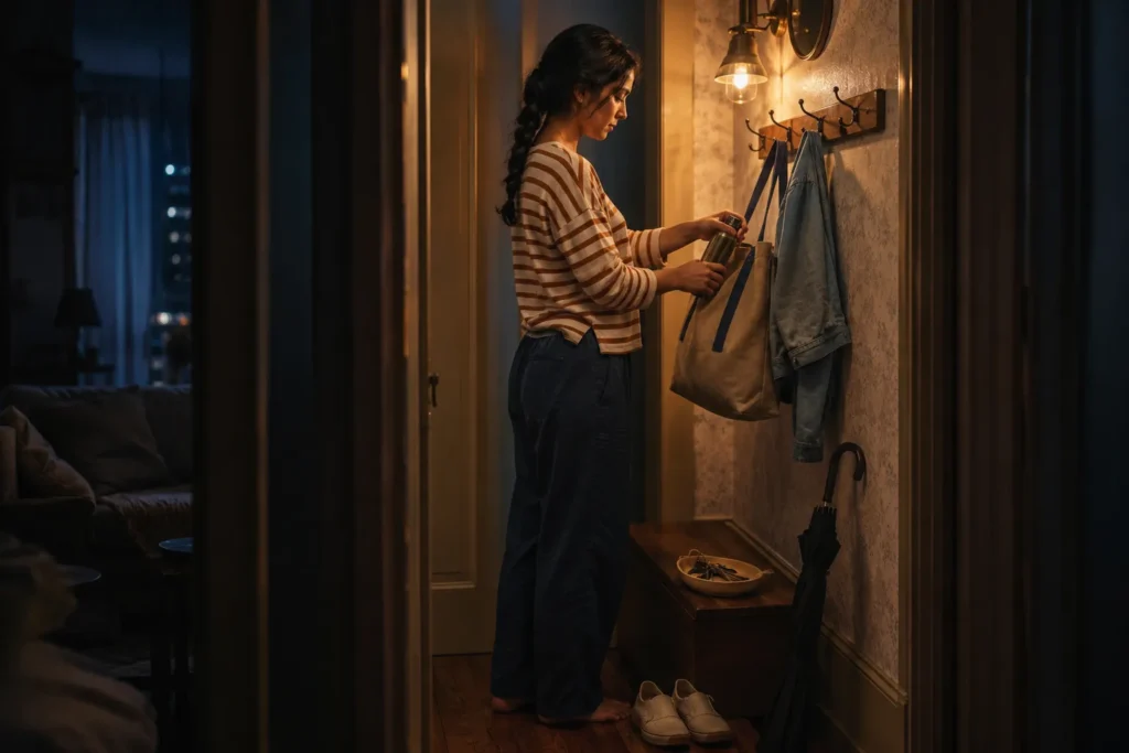 Mulher preparando pequenas coisas à noite para deixar a manhã seguinte mais leve