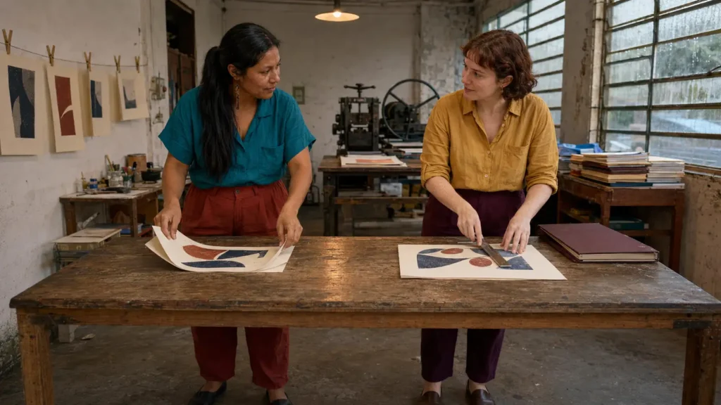 Duas jovens brasileiras dobram pequenas publicações em uma oficina gráfica comunitária em Belém
