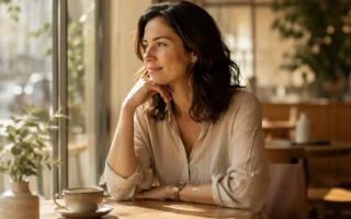 Mulher brasileira elegante sentada sozinha em um café sofisticado.