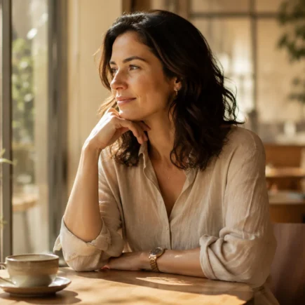 Mulher brasileira elegante sentada sozinha em um café sofisticado.