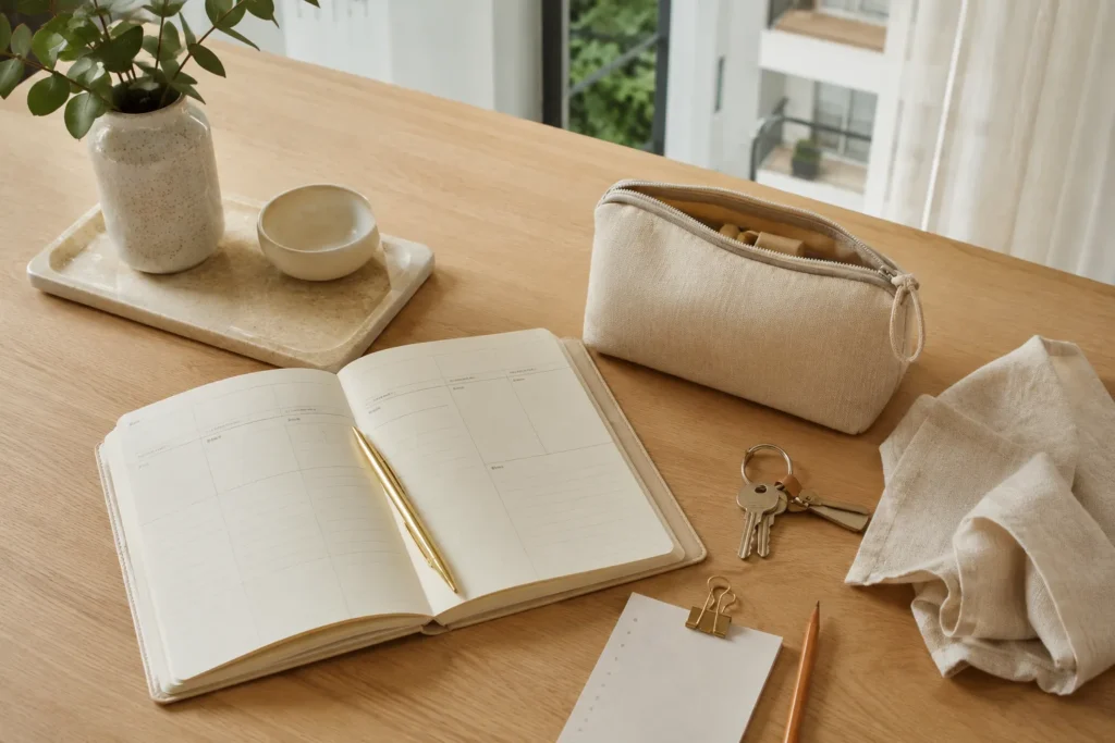 Mesa organizada com planner, objetos neutros e itens simples de rotina em casa
