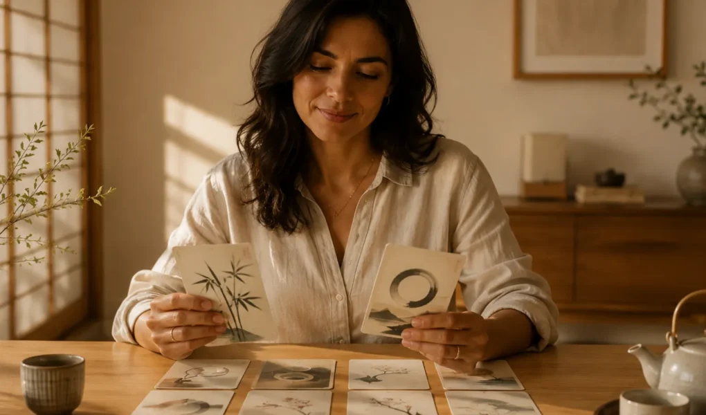 Mulher brasileira sorrindo enquanto escolhe entre cartões com conceitos japoneses sobre uma mesa de madeira.