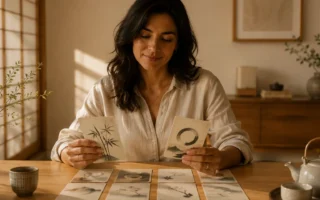Mulher brasileira sorrindo enquanto escolhe entre cartões com conceitos japoneses sobre uma mesa de madeira.