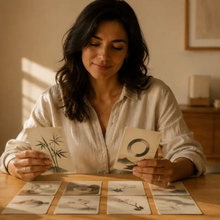Mulher brasileira sorrindo enquanto escolhe entre cartões com conceitos japoneses sobre uma mesa de madeira.