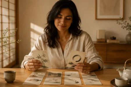 Mulher brasileira sorrindo enquanto escolhe entre cartões com conceitos japoneses sobre uma mesa de madeira.
