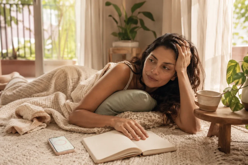 Mulher brasileira descansando em casa e observando energia durante a TPM