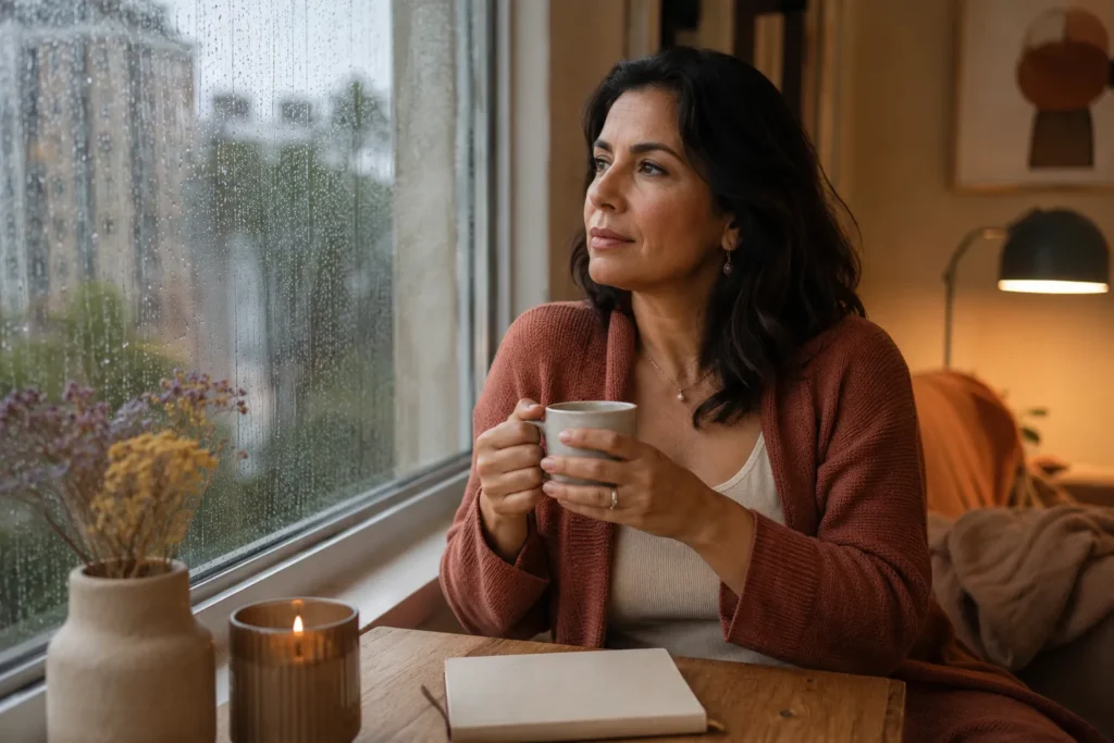 Mulher brasileira refletindo sobre humor e sensibilidade emocional antes da menstruação