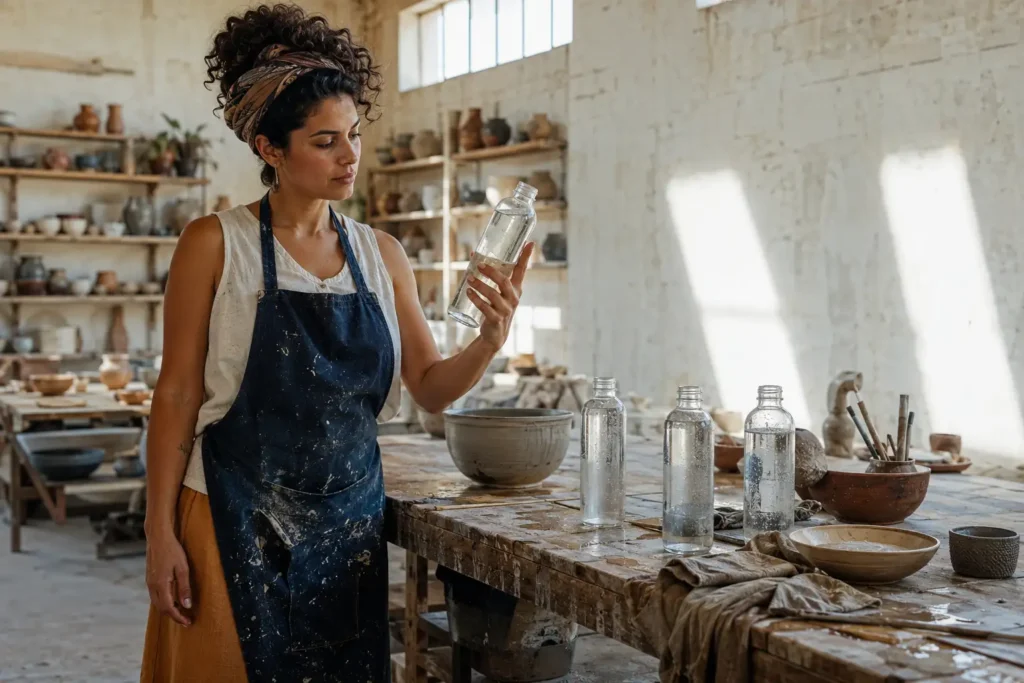 Mulher visualizando sua hidratação diária por meio da garrafa que costuma usar