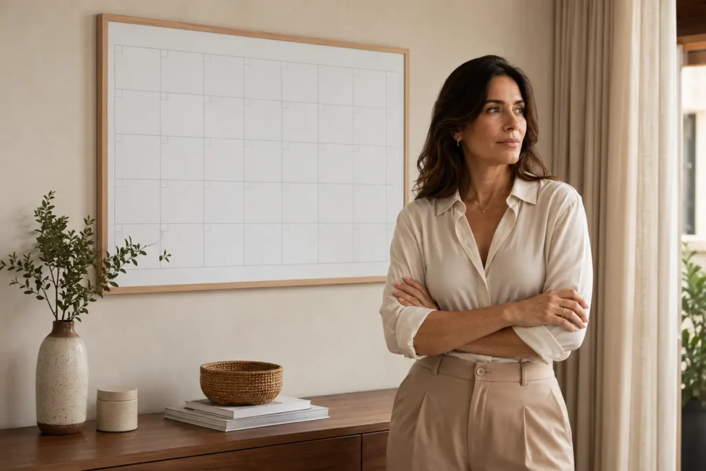 Mulher brasileira observando um calendário mensal em uma parede clara de apartamento acolhedor