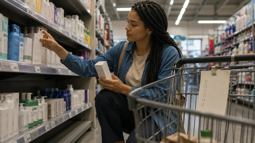 Mulher verificando o lacre e a validade de um cosmético antes de colocá-lo na cesta