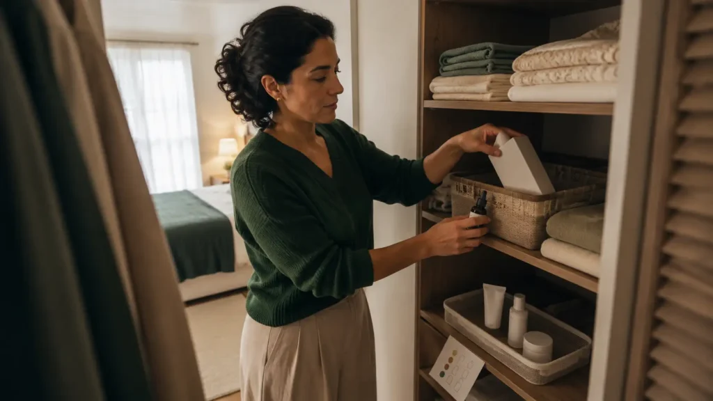 Mulher guardando cosmético fechado enquanto termina produto já aberto