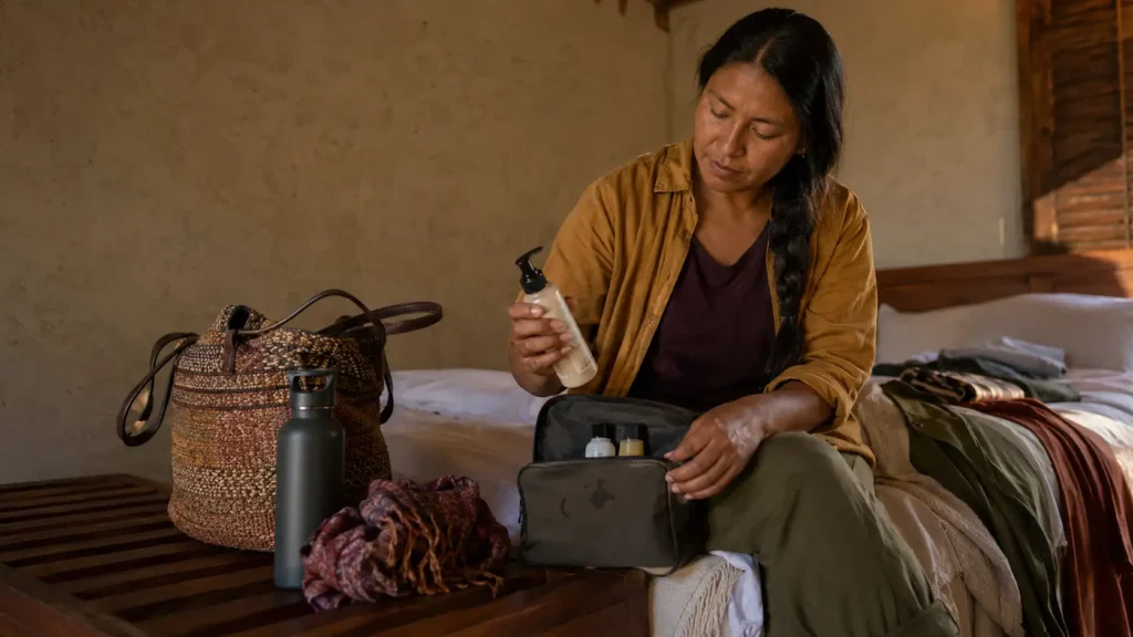 Mulher observando frasco de cosmético com válvula rachada e vazamento