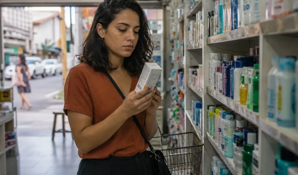 Mulher jovem lendo o verso da embalagem de um cosmético antes de comprar