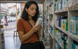 Mulher jovem lendo o verso da embalagem de um cosmético antes de comprar