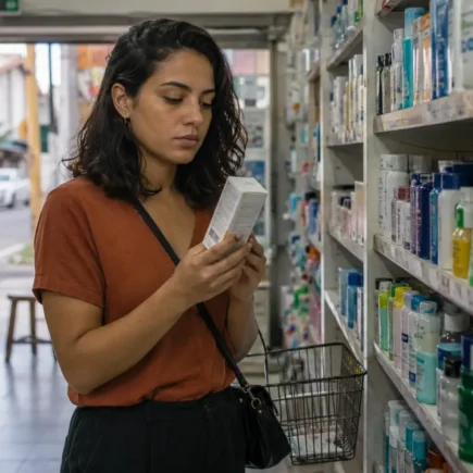 Mulher jovem lendo o verso da embalagem de um cosmético antes de comprar