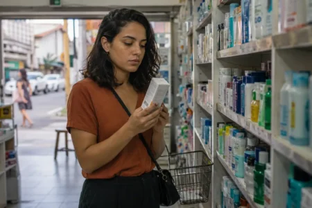 Mulher jovem lendo o verso da embalagem de um cosmético antes de comprar
