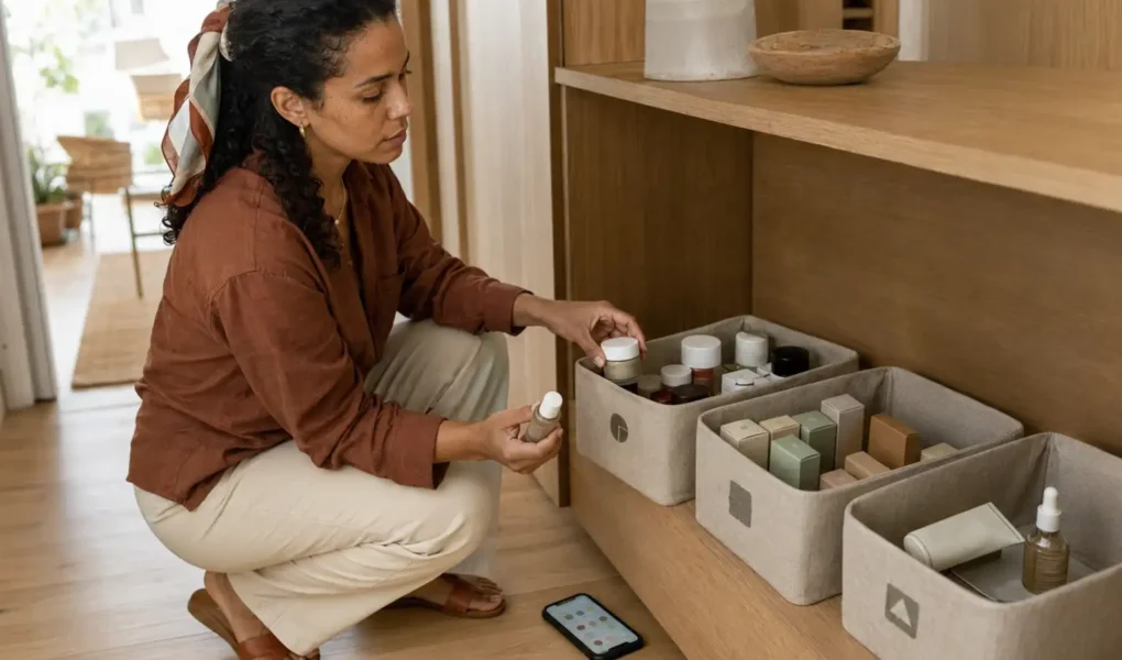 Mulher organizando cosméticos abertos, fechados e separados para descarte