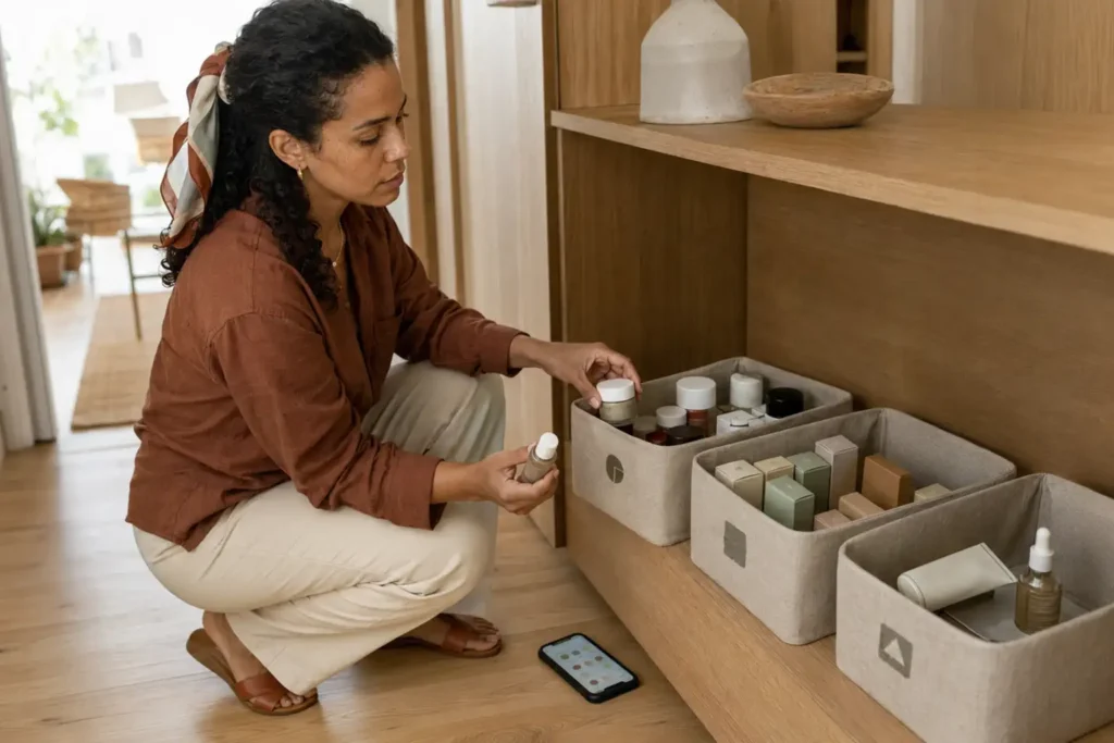 Mulher organizando cosméticos abertos, fechados e separados para descarte