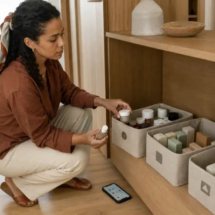 Mulher organizando cosméticos abertos, fechados e separados para descarte