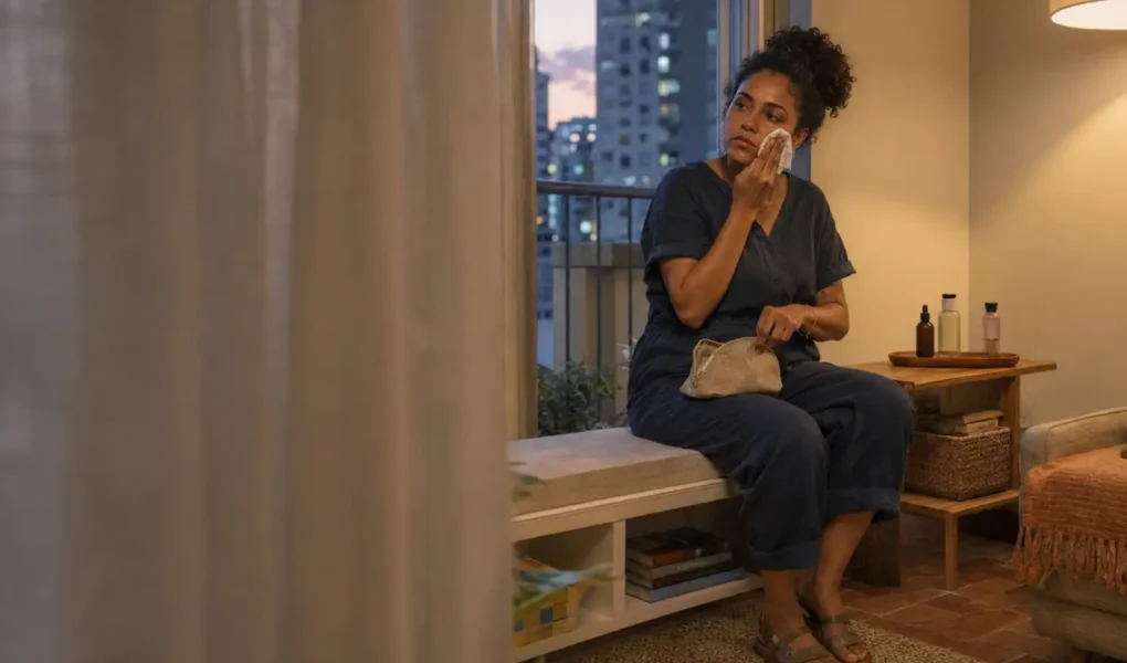 Mulher percebendo desconforto após a rotina de skincare e deixando os produtos de lado