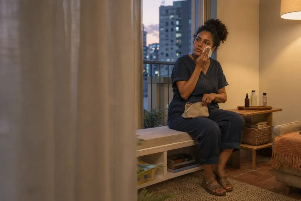 Mulher percebendo desconforto após a rotina de skincare e deixando os produtos de lado