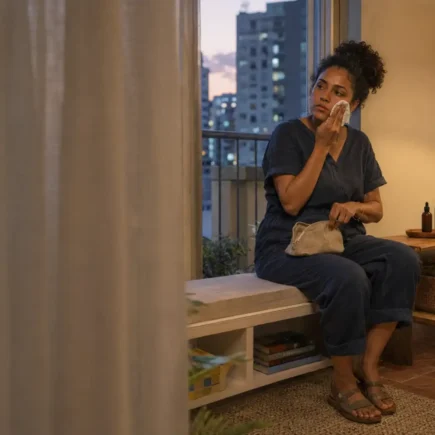 Mulher percebendo desconforto após a rotina de skincare e deixando os produtos de lado