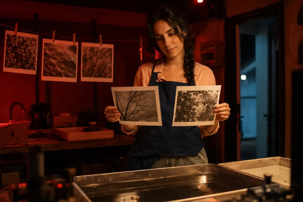 Mulher comparando registros visuais feitos em momentos diferentes da própria vida