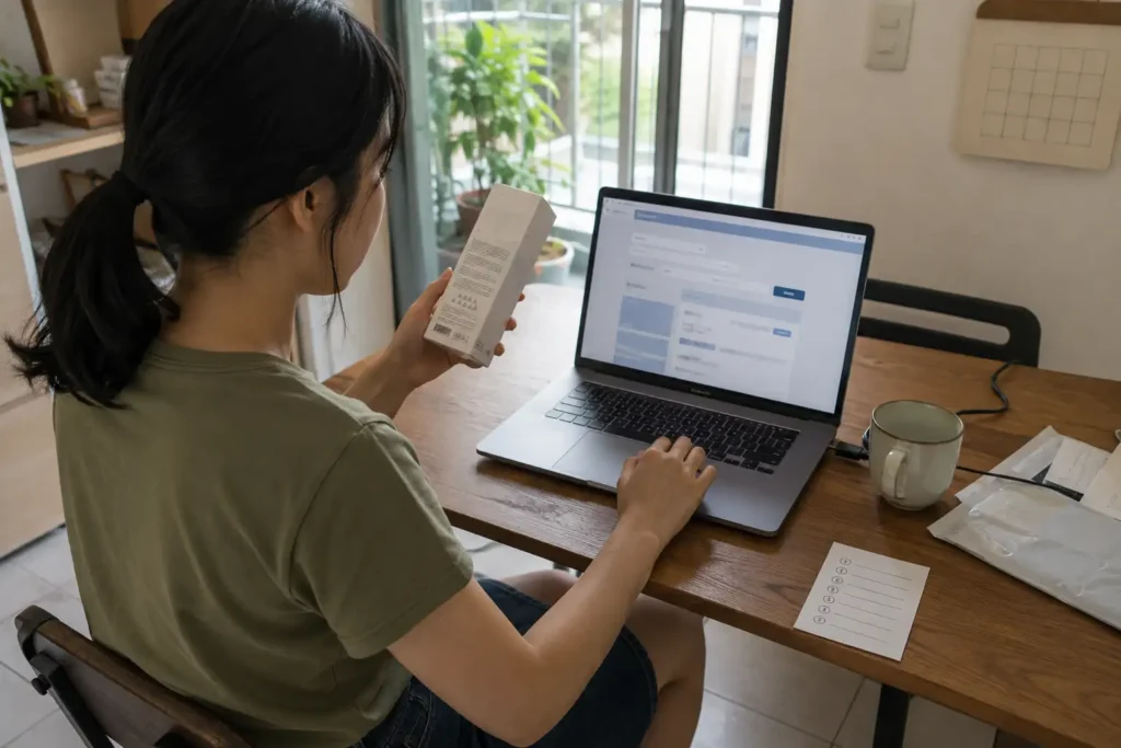 Mulher consultando informações de um cosmético em um sistema público pela internet