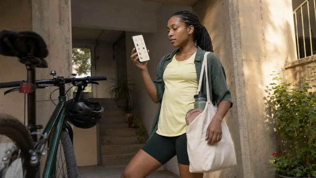 Mulher registrando calor, exercício e maquiagem no diário de skincare