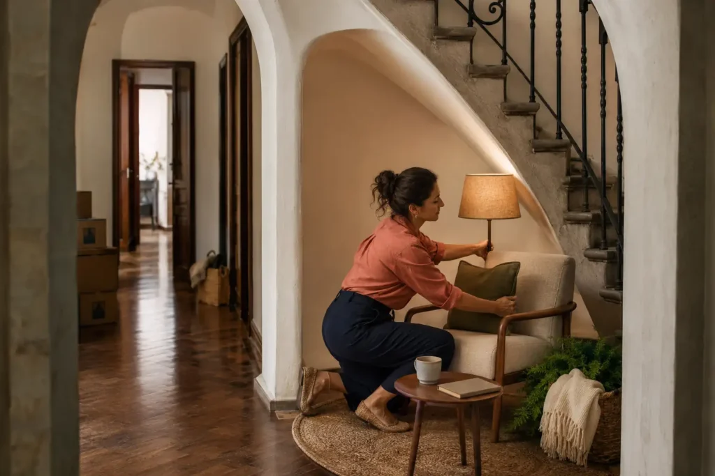 Mulher cuidando apenas de um pequeno espaço acolhedor dentro de casa