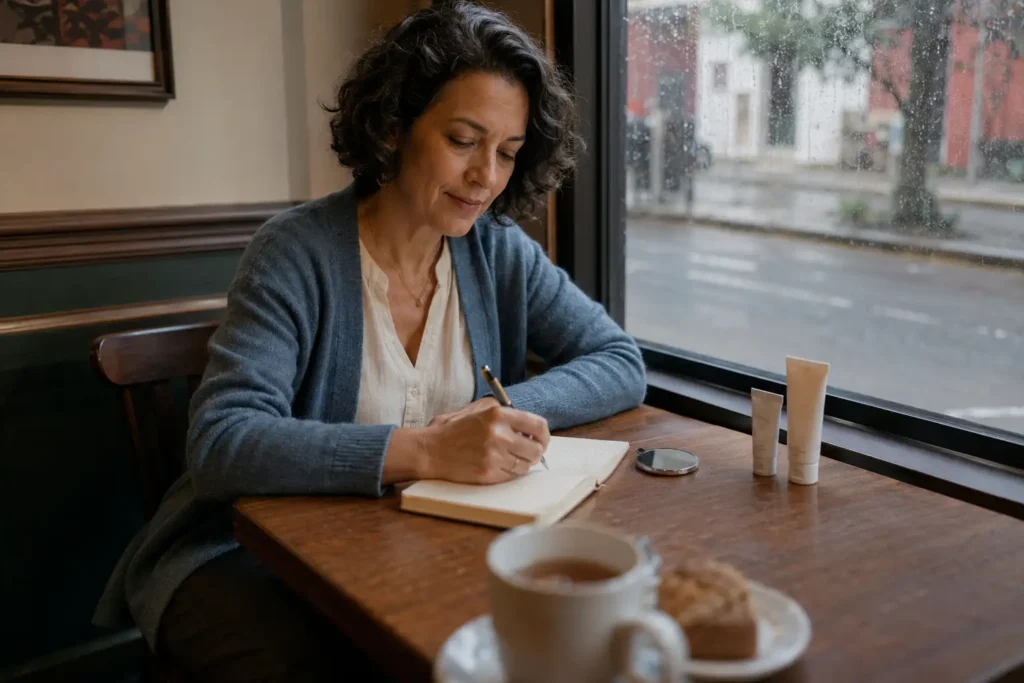 Mulher registrando observações sobre a pele em um caderno