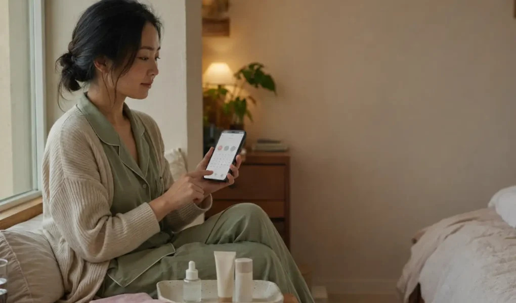 Mulher registrando sua rotina no diário de skincare online pelo celular