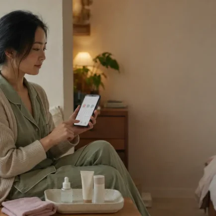 Mulher registrando sua rotina no diário de skincare online pelo celular