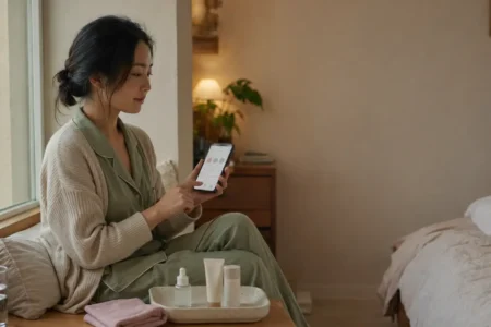 Mulher registrando sua rotina no diário de skincare online pelo celular