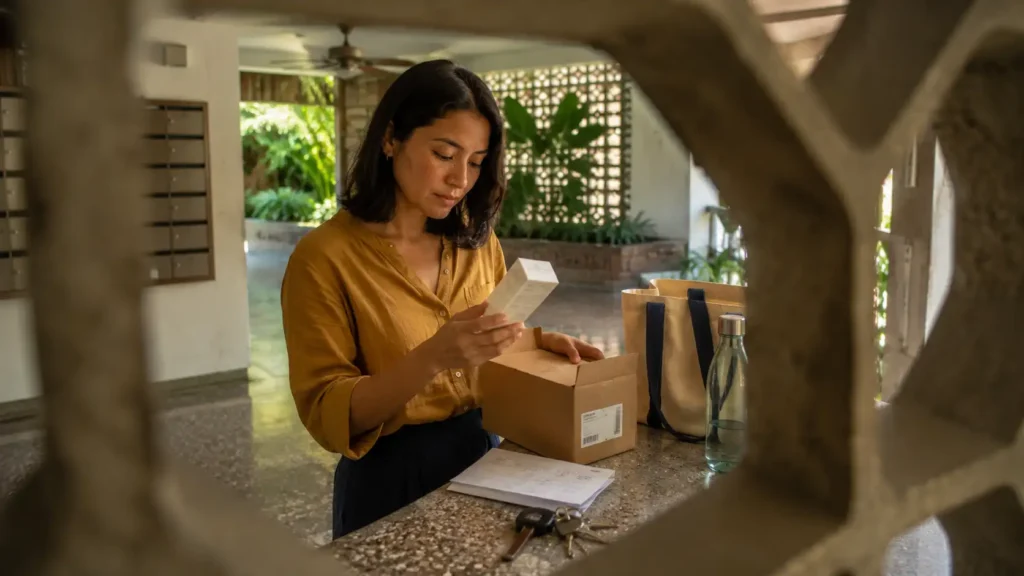 Mulher verificando o verso e a origem de um cosmético importado antes de interpretar os termos do rótulo