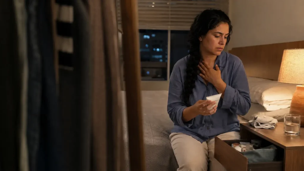 Mulher percebendo que um hidratante conhecido começou a causar desconforto