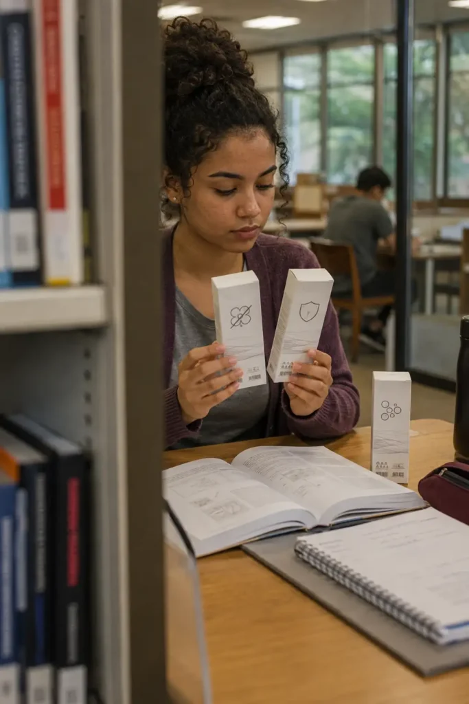 Mulher jovem comparando cosméticos com diferentes alegações de segurança e formulação
