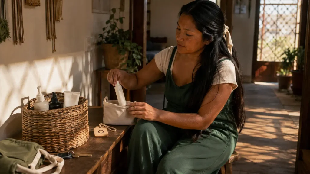 Mulher separando um único produto novo para acompanhar na rotina de skincare