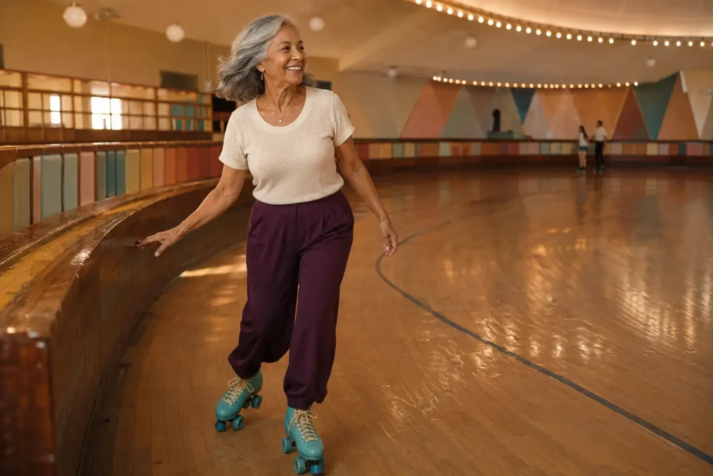 Mulher se divertindo em uma pista de patinação sem transformar o momento em desempenho