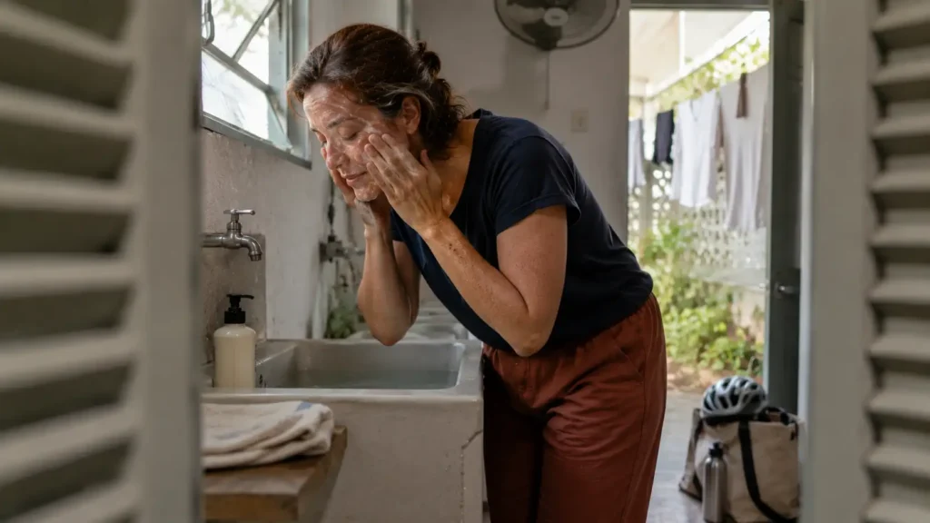 Mulher lavando o rosto suavemente depois de chegar suada em casa