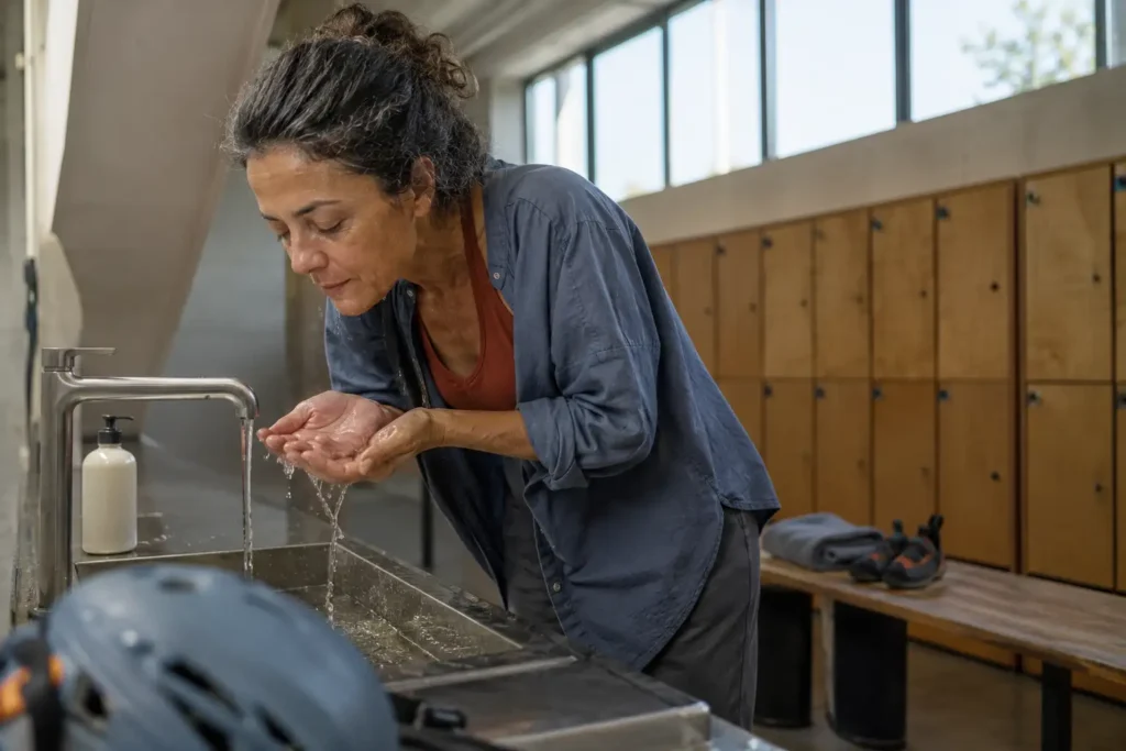Mulher lavando o rosto suavemente após atividade física