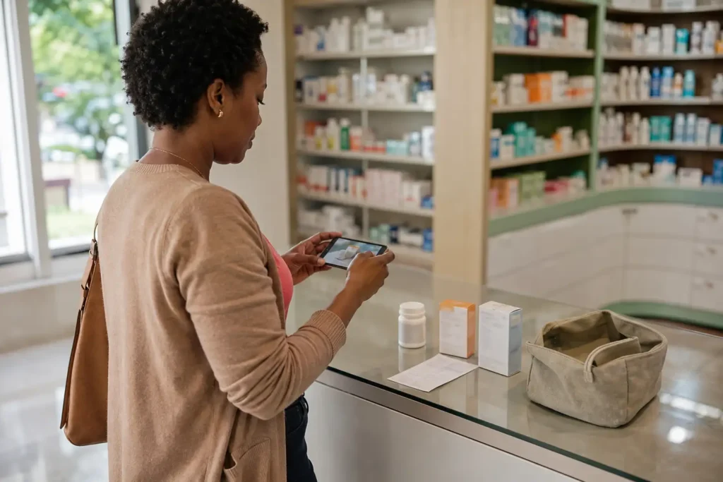 Mulher fotografando medicamentos para lembrar nomes e doses na consulta