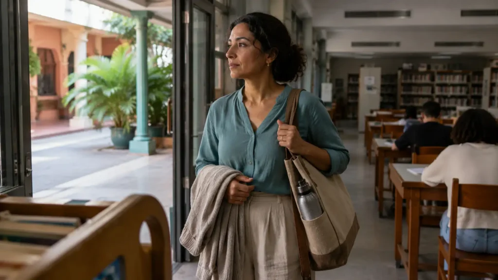 Mulher percebendo a mudança da pele ao entrar em ambiente com ar-condicionado