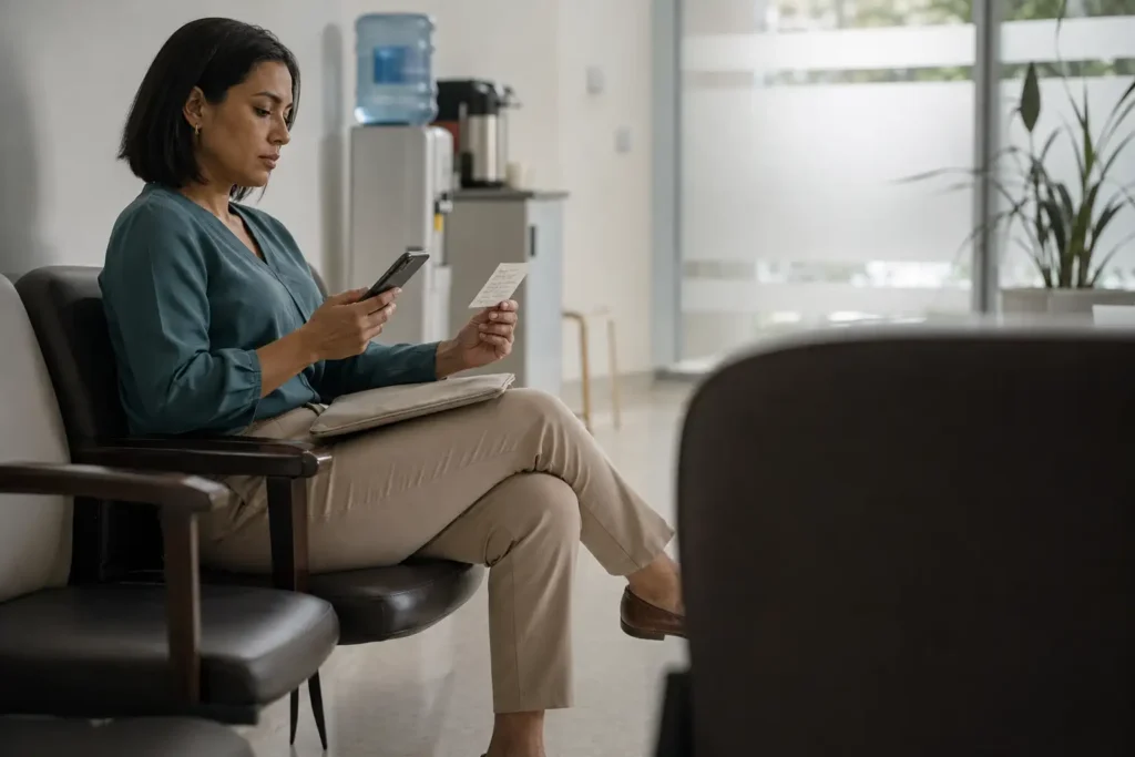 Mulher revisando perguntas antes de entrar em uma consulta ginecológica