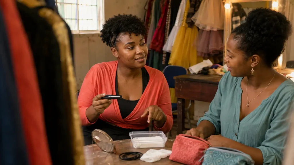 Mulheres em camarim evitando compartilhar máscara de cílios