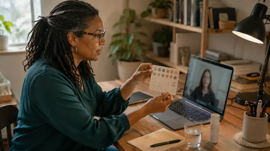 Mulher conversando com dermatologista por videochamada sobre registros da pele
