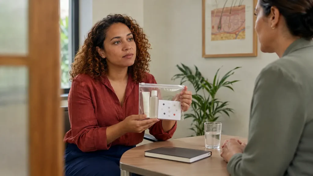 Mulher mostrando produtos e registros durante consulta com dermatologista