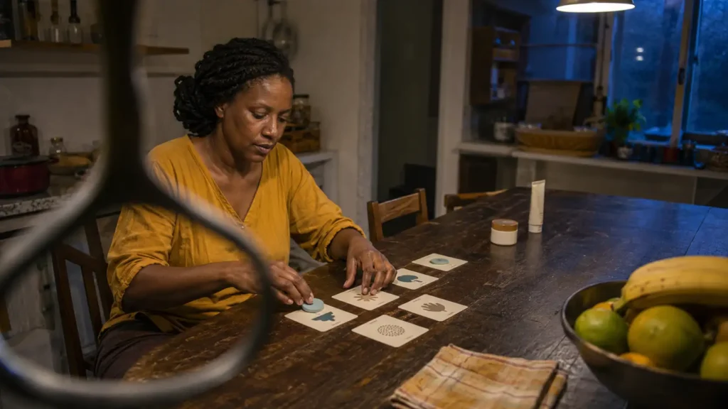 Mulher anotando uma percepção sobre a pele sem concluir que o produto causou a mudança