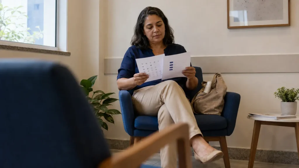 Mulher levando relatório do diário de skincare para uma consulta dermatológica